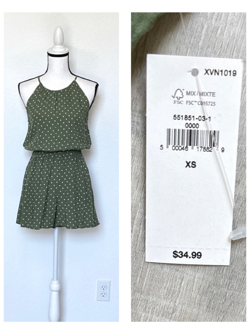 NWT Size XS Sage Green Polka Dot Halter Style Romper with Pockets